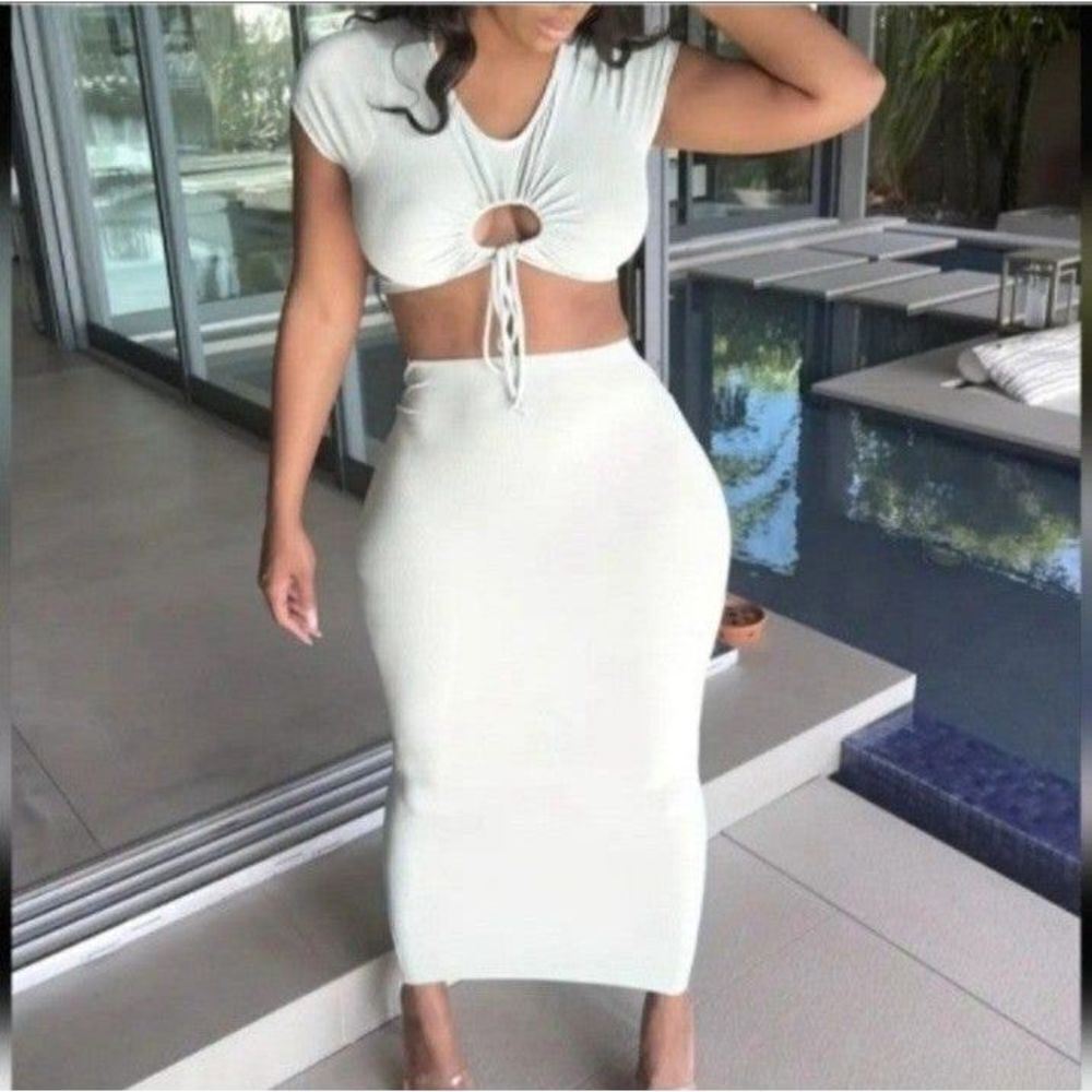Ladies White Cut-out 2 Piece Bodycon Skirt Set sz Medium